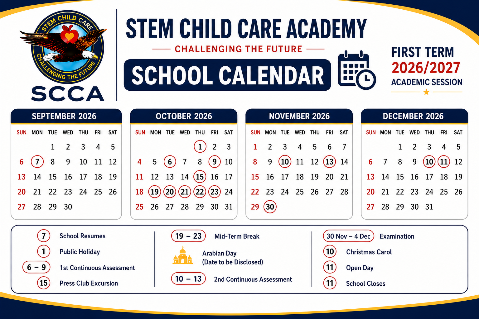 STEM Child Care Academy School Calendar | First Term 2026/2027 Academic Session
